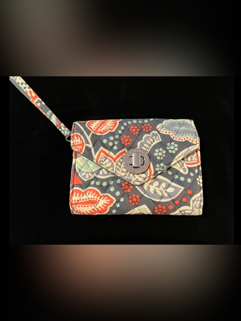 New Vera Bradley Gray Quilted Floral Wristlet with Coral Accents